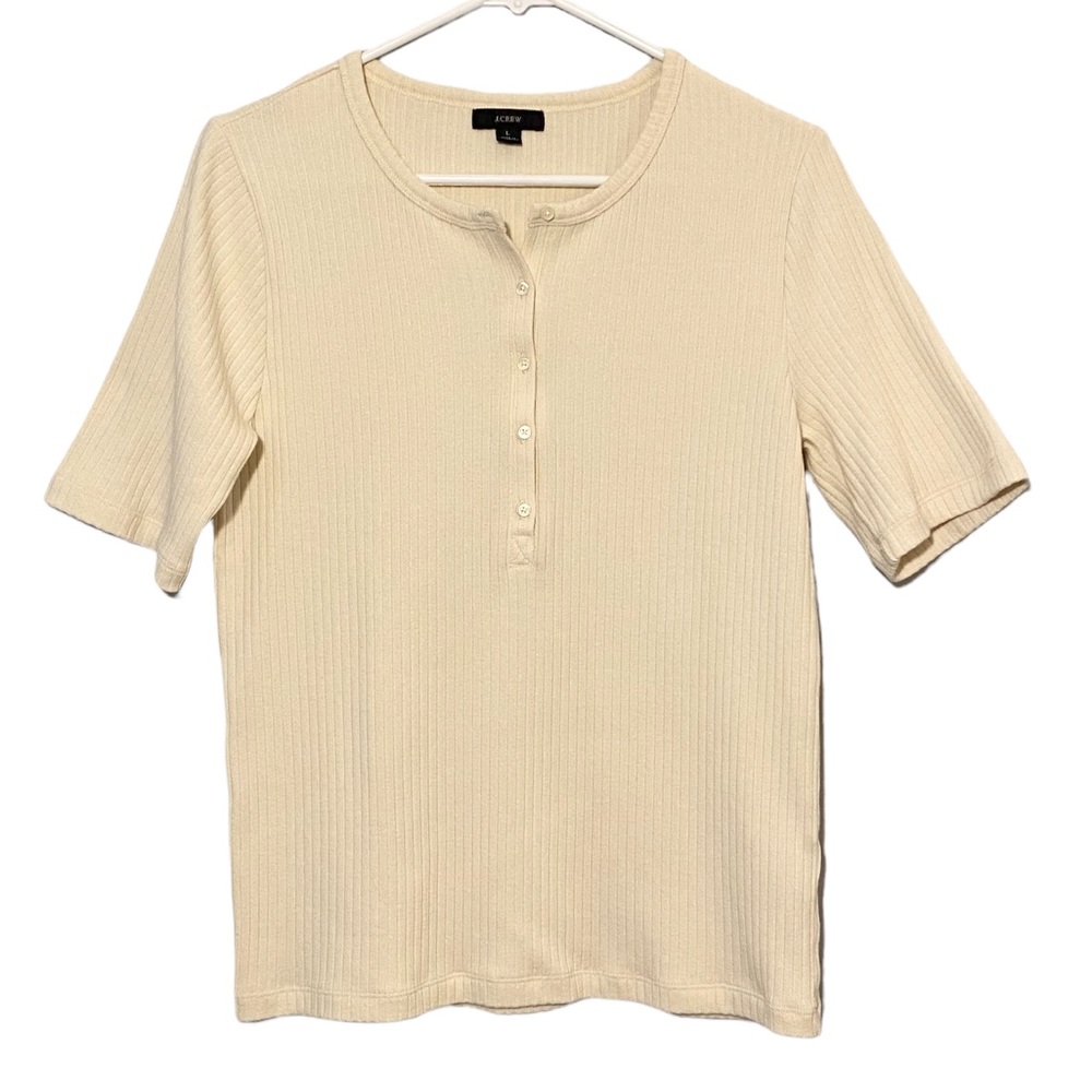 J. Crew Henley Womens Sz Large Ribbed Elbow Sleeve Cream EUC